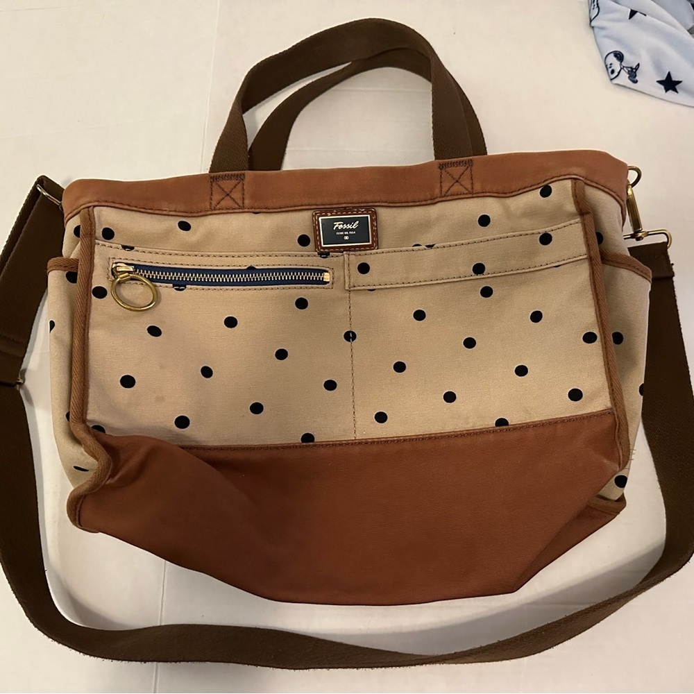 Fossil Polka Dot Weekender Preppy Canvas Tote Bag Large Size 16" x 12" x 6"